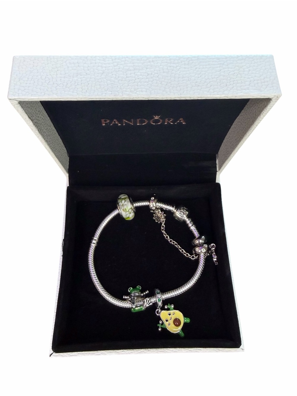 Pandora Silver Bracelet with Green Frog & Yellow Avocado Charms